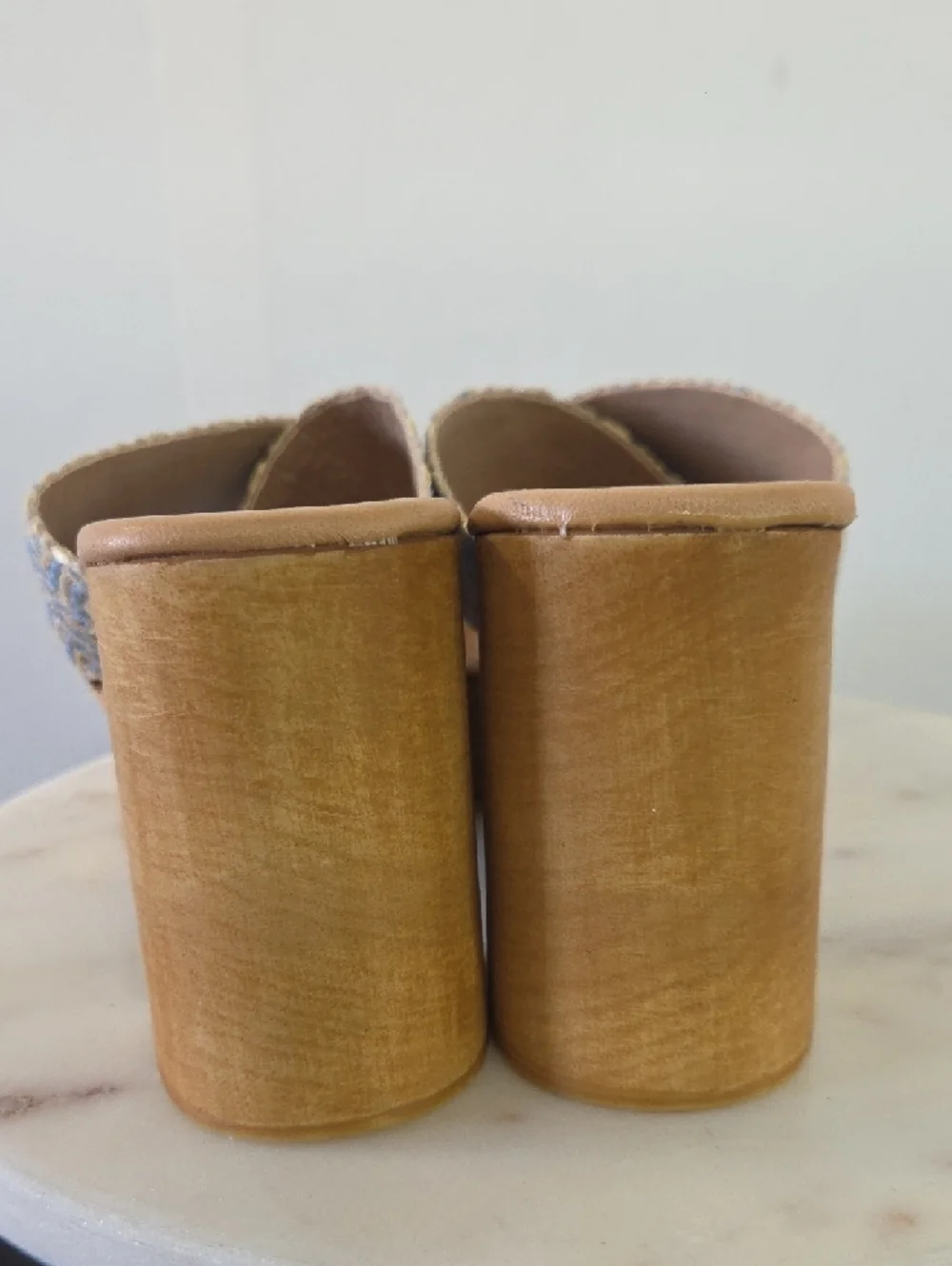 Braided Blue and Tan Platform Slide Heels - Women's Size 39